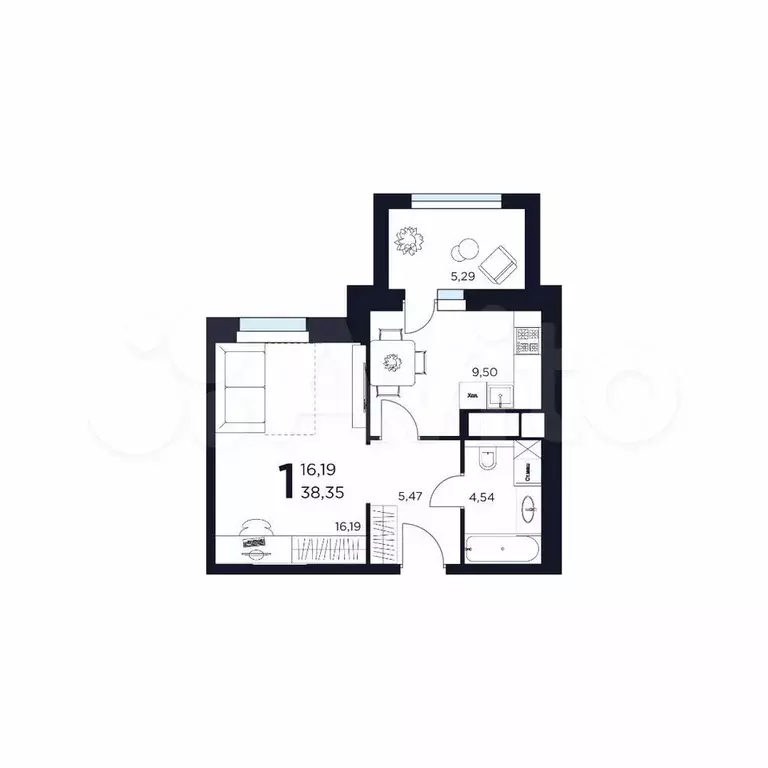 1-к. квартира, 38,4 м, 12/15 эт. - Фото 1