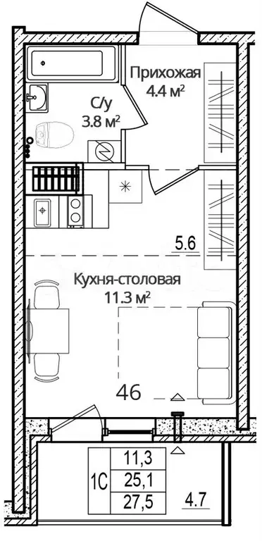 Квартира-студия, 27,5 м, 7/16 эт. - Фото 0