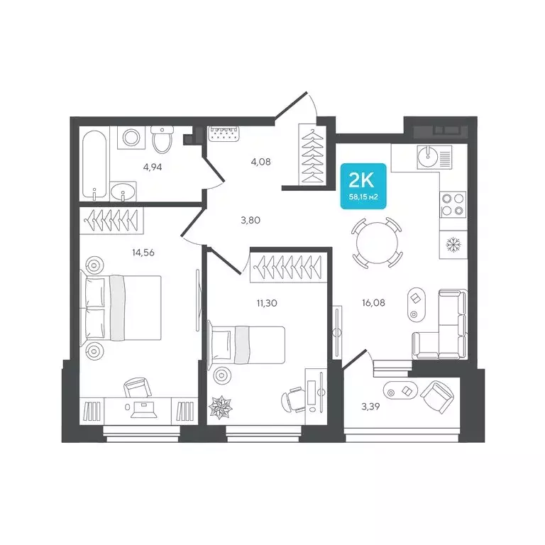 2-комнатная квартира: Дербыши, жилой комплекс Дабл-Дабл (58.15 м) - Фото 1