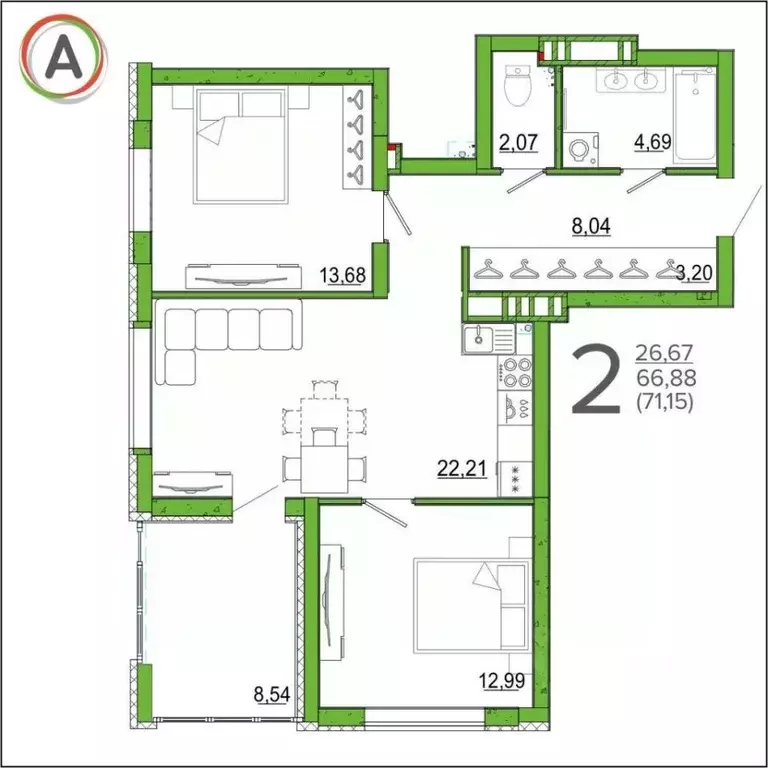 2-к кв. Брянская область, Брянск ул. Имени О.Н. Строкина (71.15 м) - Фото 0