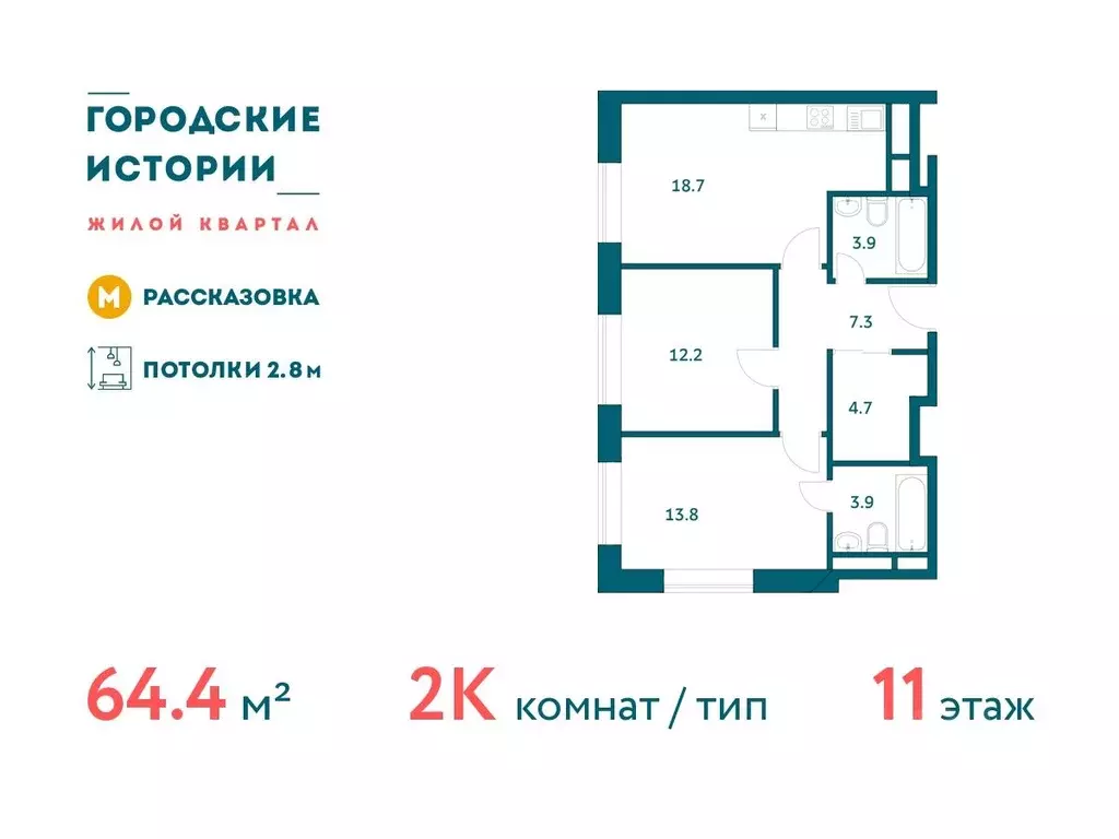 2-к кв. Москва Городские Истории жилой комплекс (64.44 м) - Фото 0