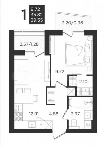 1-к. квартира, 35м, 2/4эт. - Фото 1