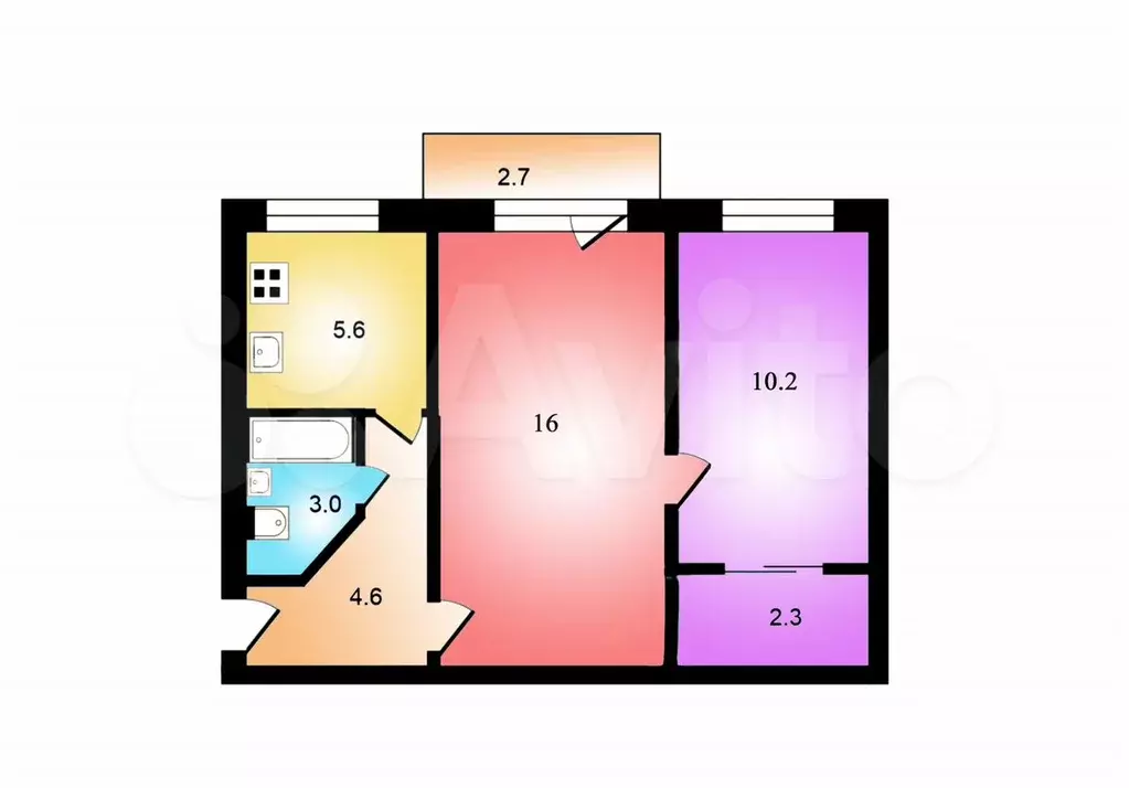 2-к. квартира, 44,3 м, 2/5 эт. - Фото 0