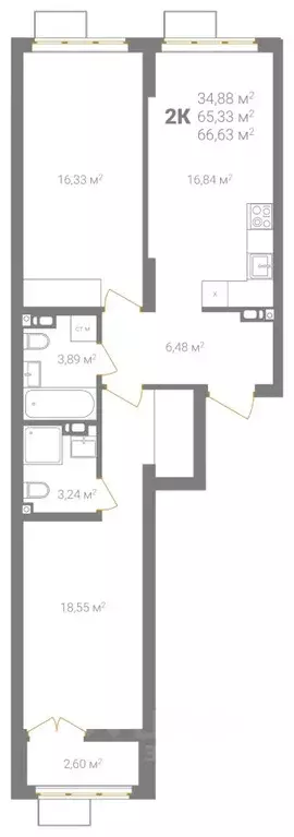 2-к кв. Нижегородская область, Нижний Новгород Ветеринарная ул. (66.63 ... - Фото 2