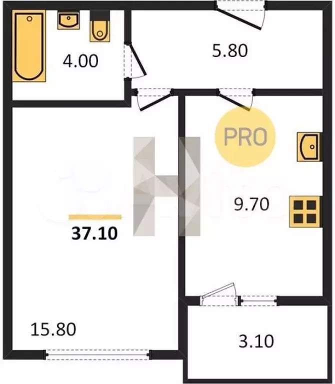 1-к. квартира, 37,1 м, 9/9 эт. - Фото 0