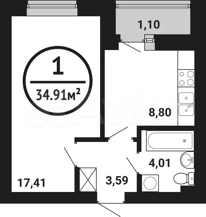 1-к. квартира, 34,9м, 3/8эт. - Фото 0