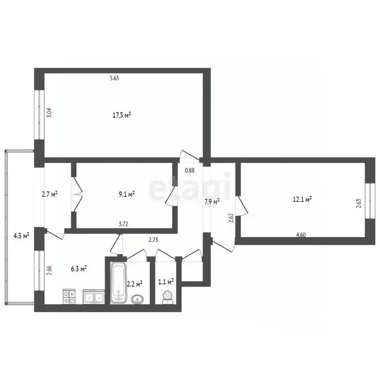 3-к кв. Крым, Ленино пгт ул. Шоссейная, 16 (56.6 м) - Фото 2