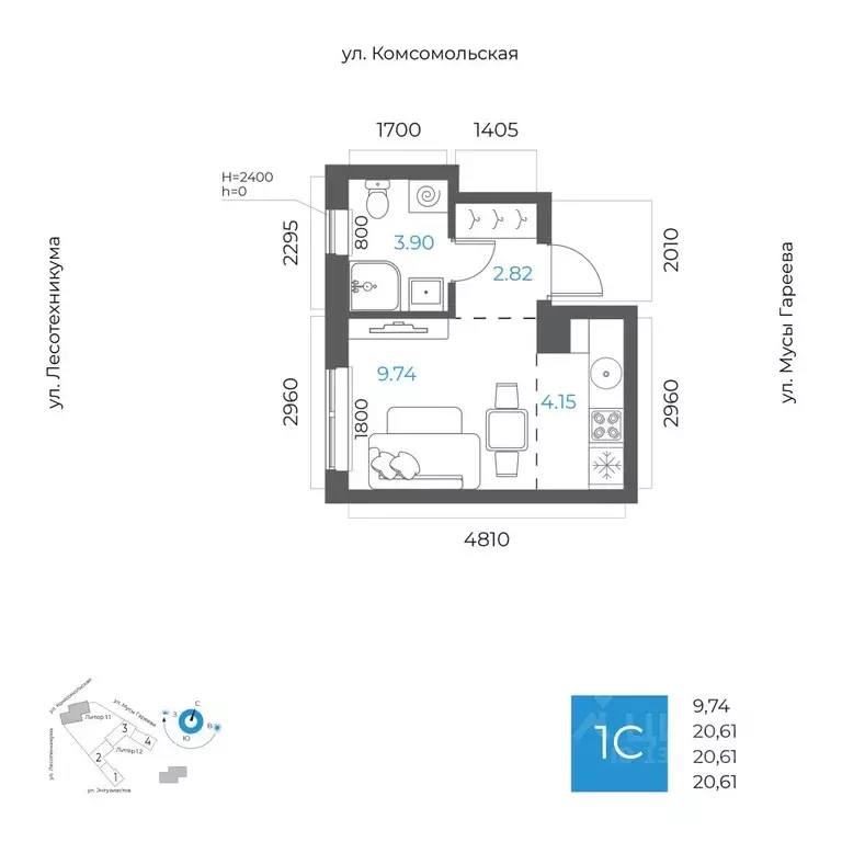 2-к кв. Башкортостан, Уфа Глумилино-1 мкр, 8-е Небо жилой комплекс ... - Фото 1