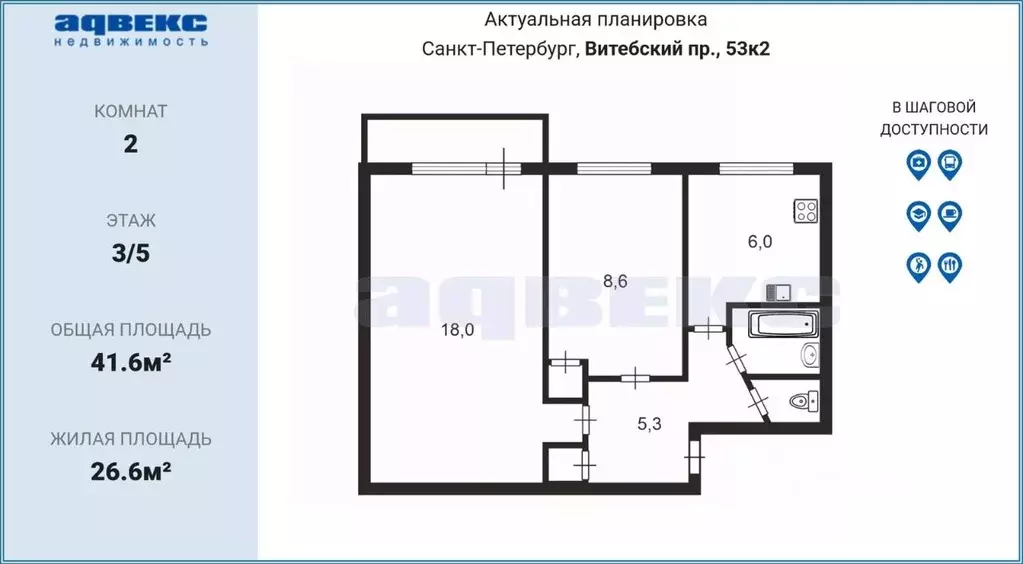2-к кв. Санкт-Петербург Витебский просп., 53К2 (41.6 м) - Фото 1