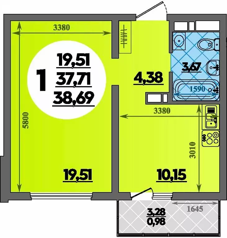 1-комнатная квартира: Республика Адыгея (Адыгея), Майкоп (38.69 м) - Фото 1