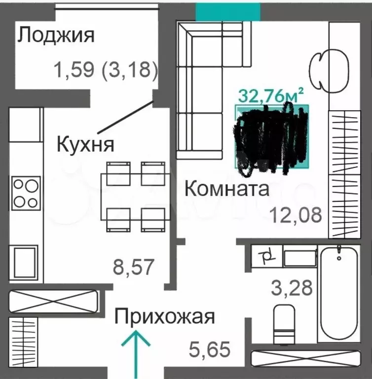 1-к. квартира, 32,8 м, 6/9 эт. - Фото 1