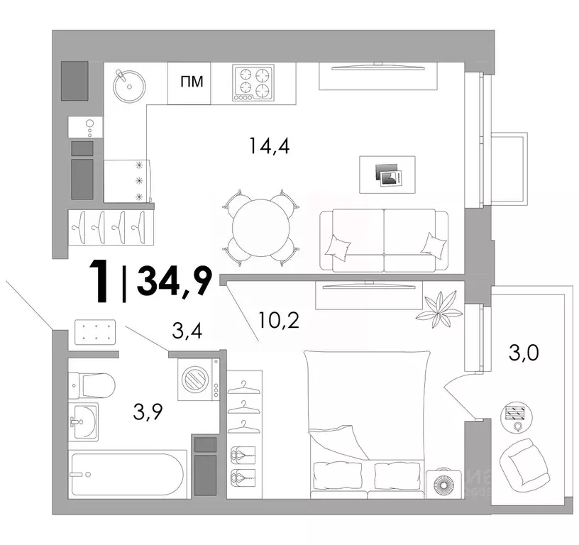 1-к кв. Владимирская область, Владимир Уно жилой комплекс (34.9 м) - Фото 1