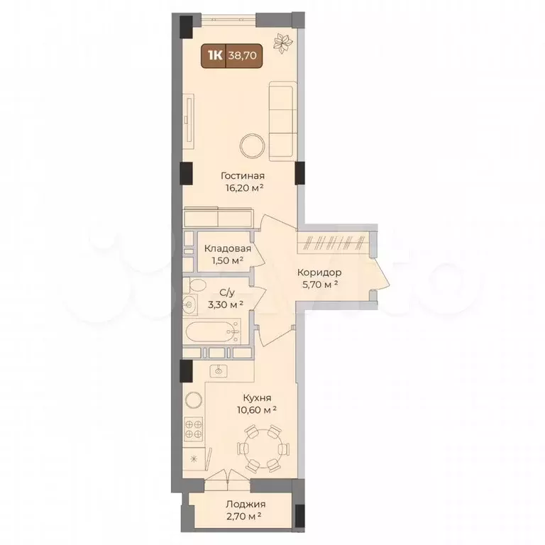 1-к. квартира, 38,7 м, 7/9 эт. - Фото 0
