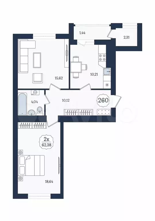 2-к. квартира, 62,4 м, 7/9 эт. - Фото 1