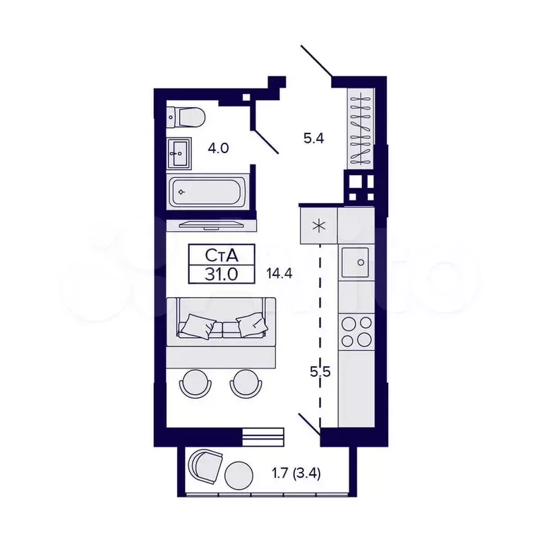 Квартира-студия, 31 м, 2/16 эт. - Фото 1