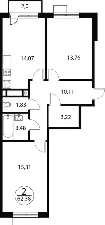 2-к квартира, 62.38 м - Фото 0