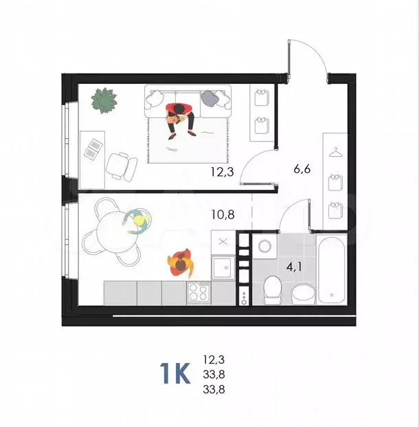 1-к. квартира, 33,8м, 2/6эт. - Фото 1