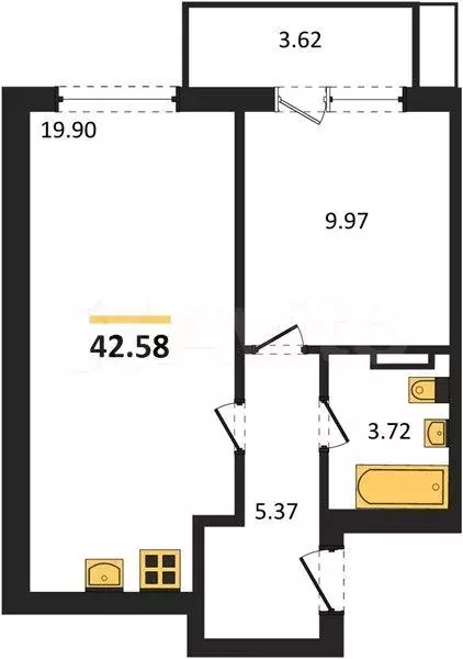 1-к. квартира, 42,6 м, 7/9 эт. - Фото 1