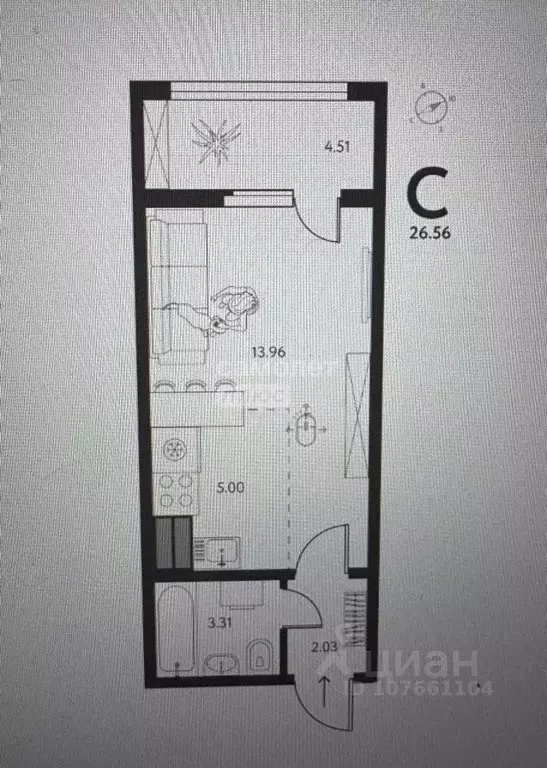 Студия Липецкая область, Липецк ул. Перова, 2Д (26.56 м) - Фото 2