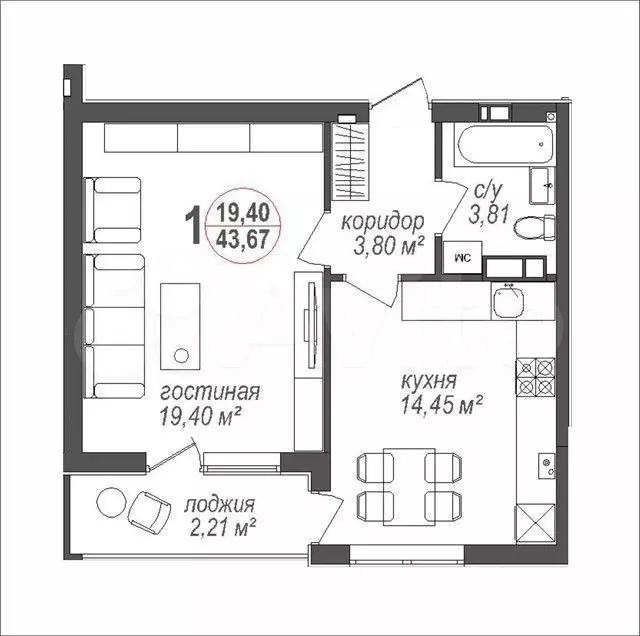 1-к. квартира, 43,7 м, 7/8 эт. - Фото 0