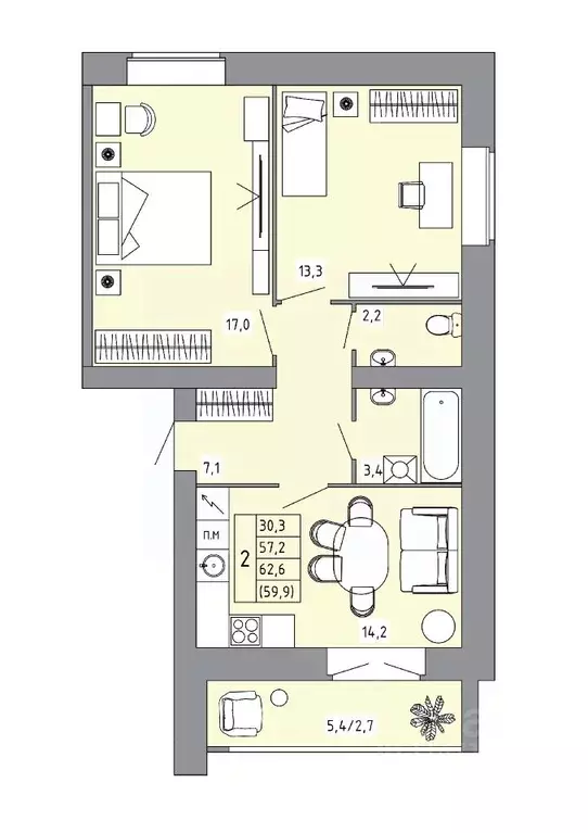 2-к кв. Костромская область, Кострома Калиновская ул., 28А (59.0 м) - Фото 0