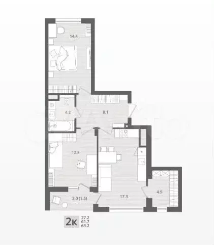 2-к. квартира, 63,2 м, 2/7 эт. - Фото 1