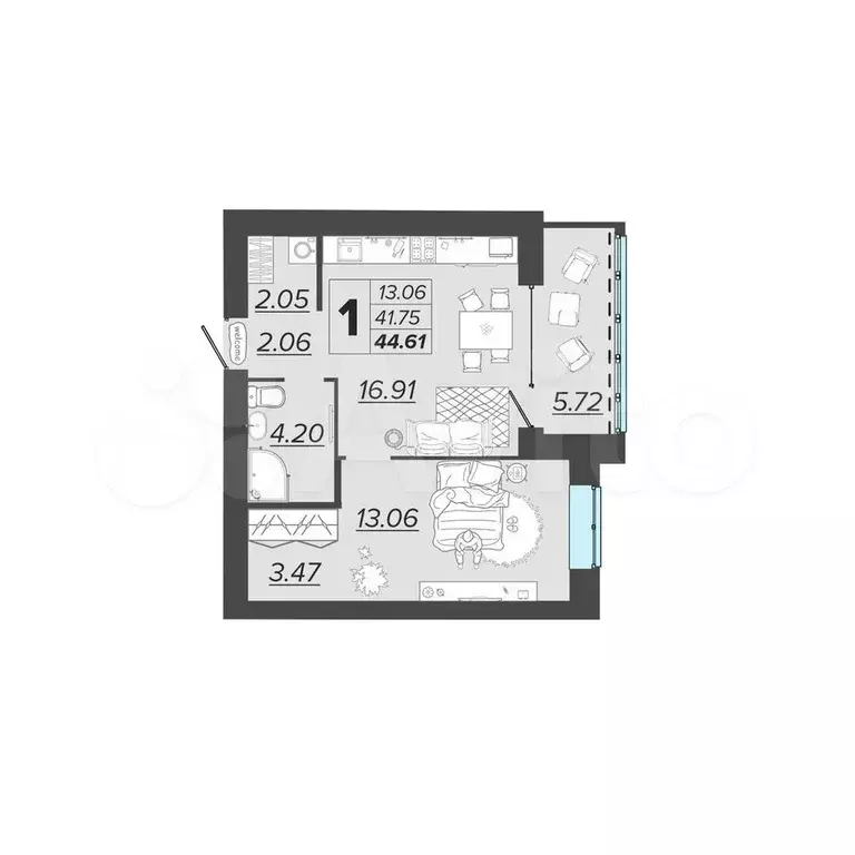 1-к. квартира, 44,6 м, 8/15 эт. - Фото 0