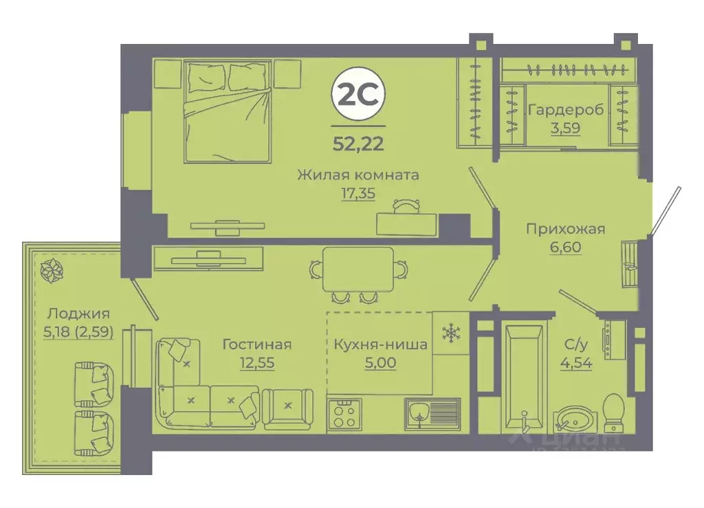 2-к кв. Ростовская область, Ростов-на-Дону ул. Еременко, 115 (52.1 м) - Фото 1