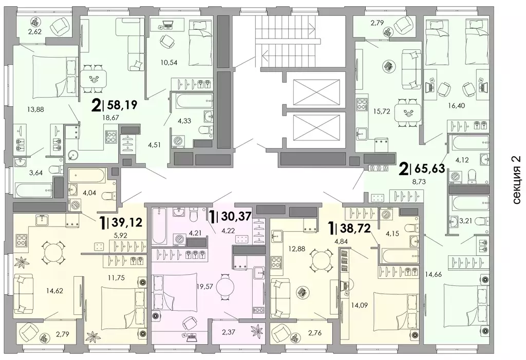 2-к квартира, 65.63 м - Фото 1