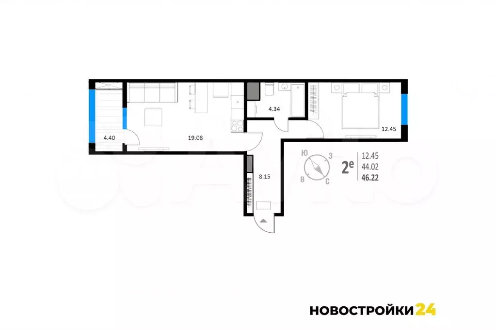 2-к. квартира, 46,2 м, 8/20 эт. - Фото 1