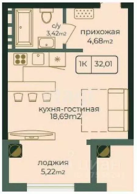 Студия Дагестан, Каспийск просп. Акулиничева (32.01 м) - Фото 0