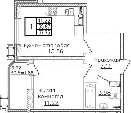 1-к. квартира, 37,7м, 13/23эт. - Фото 1