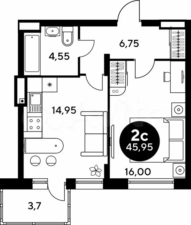 1-к. квартира, 46 м, 2/9 эт. - Фото 1