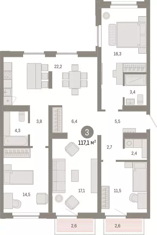 3-комнатная квартира: Тюмень, Мысовская улица, 26к2 (117.05 м) - Фото 1