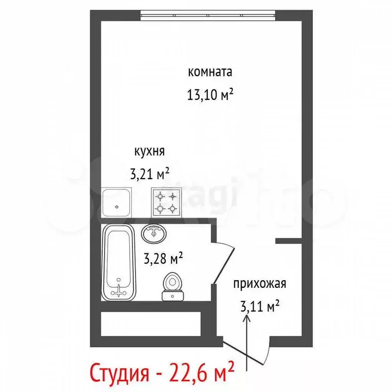 Квартира-студия, 22,6 м, 21/28 эт. - Фото 1