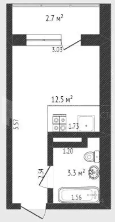 Студия Тюменская область, Тюмень ул. Новоселов, 117 (17.0 м) - Фото 1