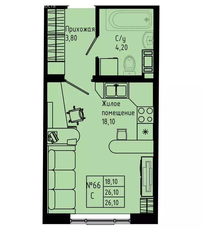 Квартира-студия: Коммунар, Железнодорожная улица, 41к2 (26.1 м) - Фото 1