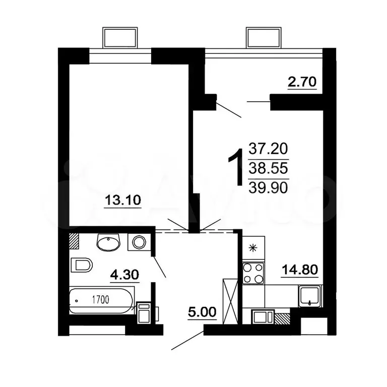 1-к. квартира, 38,6 м, 4/10 эт. - Фото 0