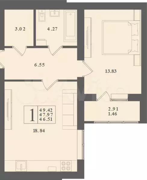 1-к. квартира, 49,4 м, 4/4 эт. - Фото 1