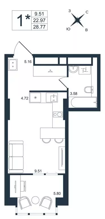 1-комнатная квартира: Владивосток, ЖК Архитектор (28.77 м) - Фото 1