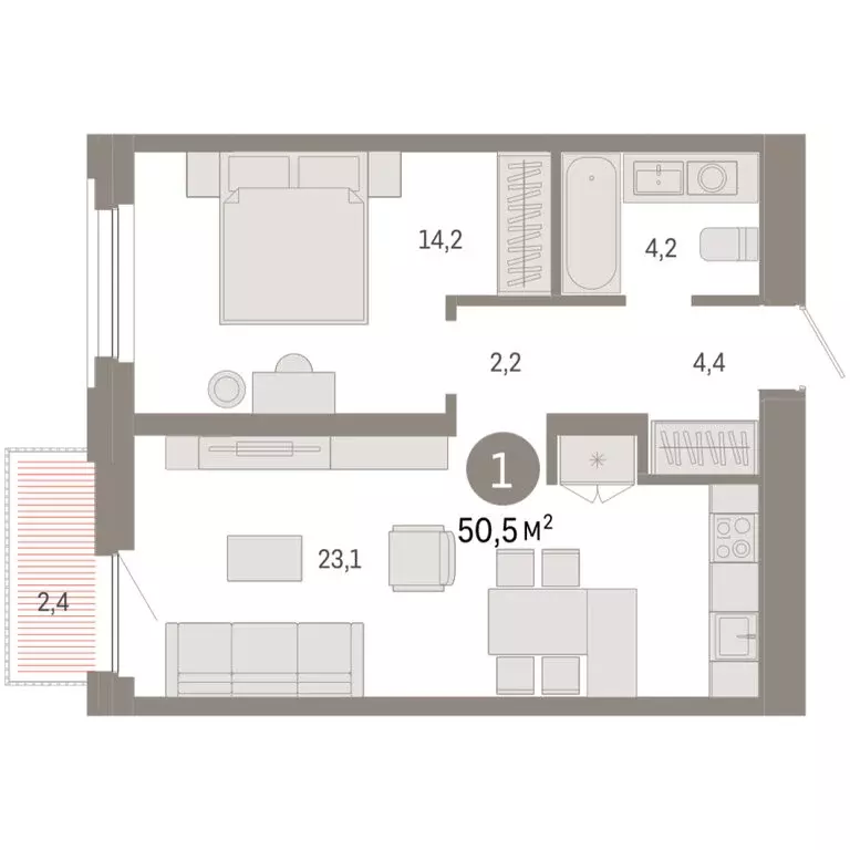 1-комнатная квартира: Тюмень, Мысовская улица, 26к2 (50.47 м) - Фото 1