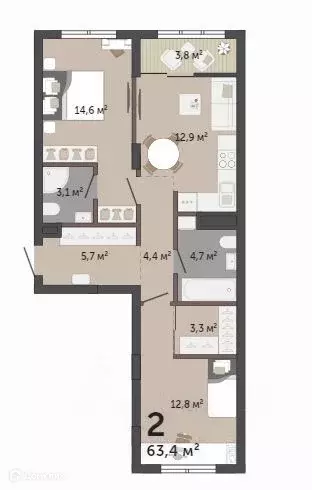 Продаётся 2-к квартира, 63.4 м - Фото 1