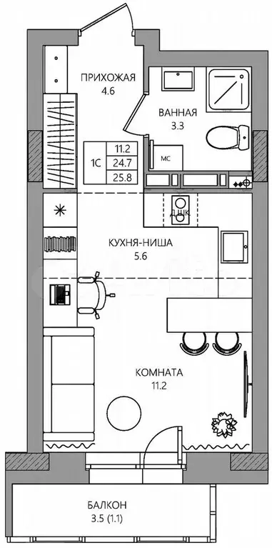 Квартира-студия, 25,8 м, 4/10 эт. - Фото 0