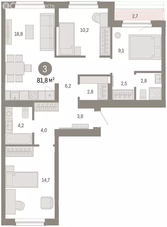 3-комнатная квартира: Омск, Кировский округ (81.84 м) - Фото 2