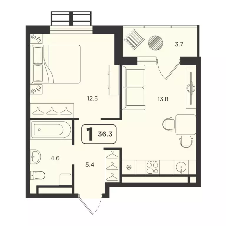 1-комнатная квартира: Тюмень, Центральный округ (36.3 м) - Фото 0