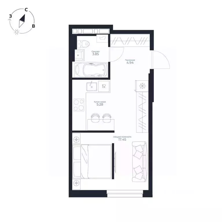 Студия Приморский край, Владивосток Каскада жилой комплекс (31.52 м) - Фото 1