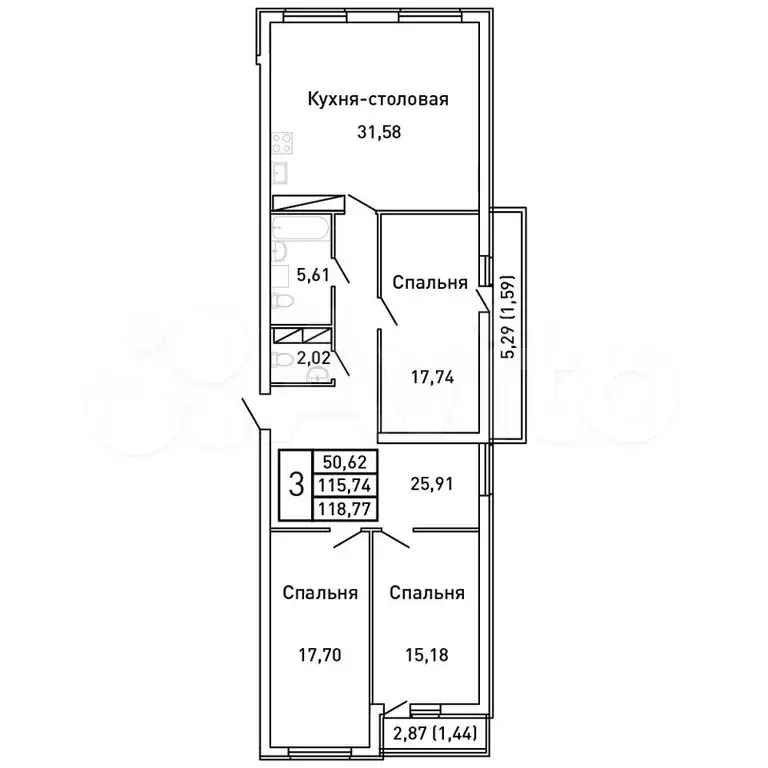 3-к. квартира, 118,8 м, 4/25 эт. - Фото 0