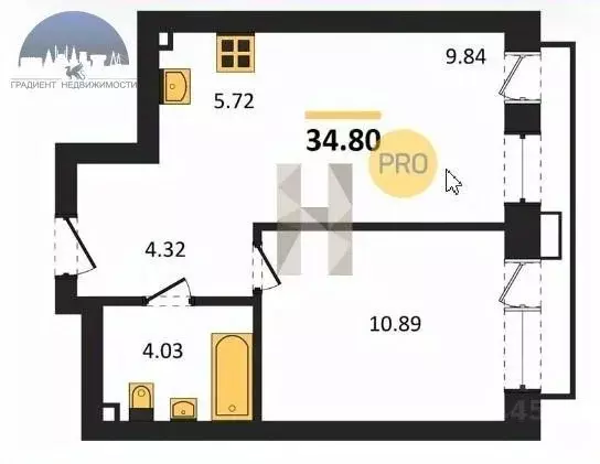2-к кв. Татарстан, Казань ул. Рустема Яхина, 3 (34.8 м) - Фото 2