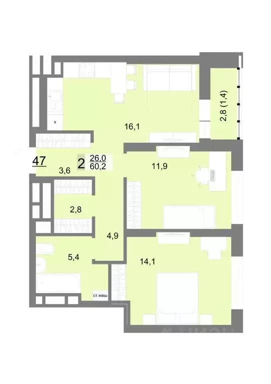 2-к кв. Свердловская область, Екатеринбург ул. Шаумяна, 77 (60.2 м) - Фото 1