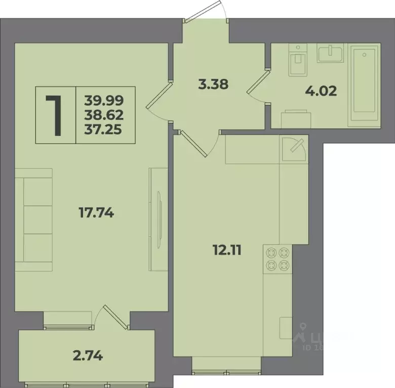 1-к кв. Калининградская область, Калининград Петровский мкр,  (39.99 ... - Фото 1